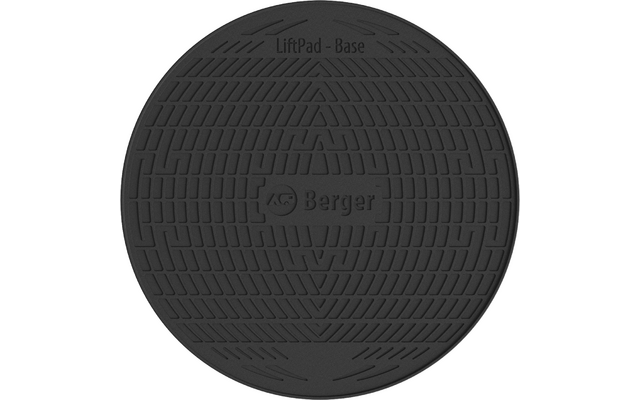 Runde schwarze Gummimatte mit geriffeltem Rautenmuster und eingeprägten Schriftzügen 'LiftPad - Base' oben und 'Berger' mittig