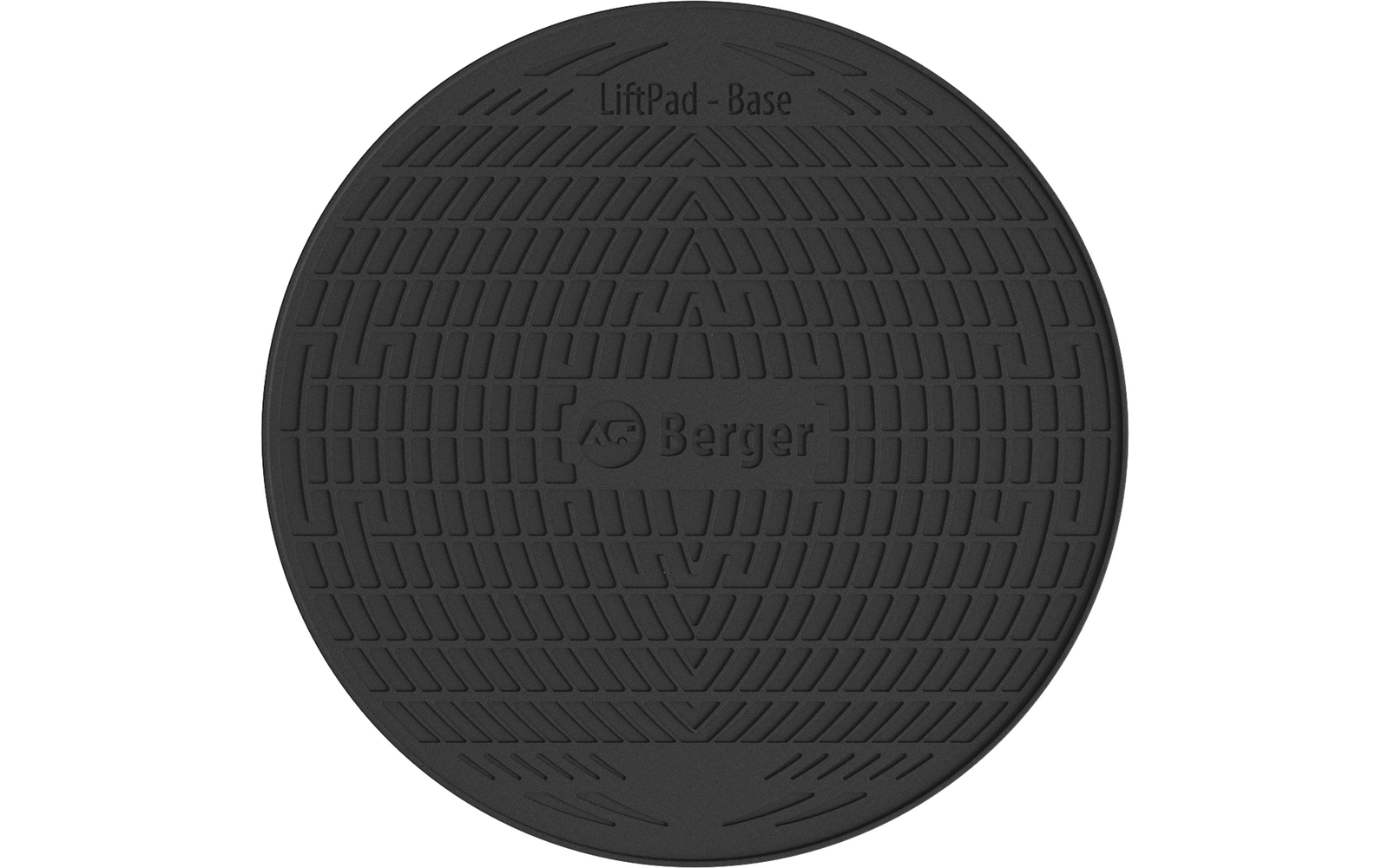Runde schwarze Gummimatte mit geriffeltem Rautenmuster und eingeprägten Schriftzügen 'LiftPad - Base' oben und 'Berger' mittig