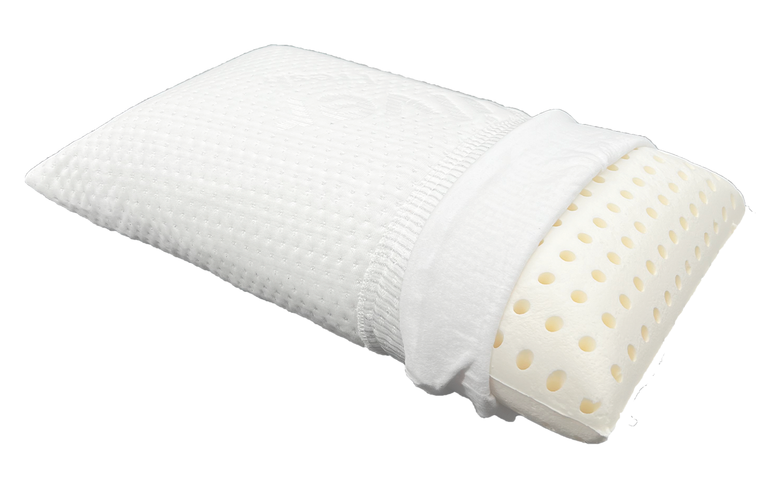 Weißes Kissen mit teilweise geöffnetem Bezug, im Inneren ein gelblicher, perforierter Schaumkern sichtbar