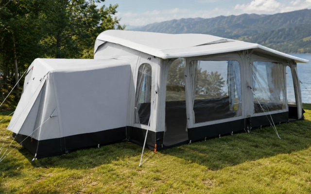 Grote grijze campingtent met aangebouwde voortent en doorzichtige ramen, opgesteld op gras bij een meer, bergen op de achtergrond