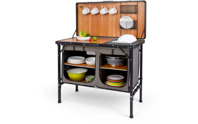 Mobiler Campingtisch mit Spüle, Ablageflächen und Küchenutensilien