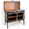 Vintage keukenfornuis met houten voorkant, open onderste vak en ingebouwde houten kast