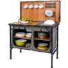 Draagbare campingtafel met gootsteen, planken en keukengerei