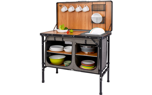 Draagbare campingtafel met gootsteen, planken en keukengerei