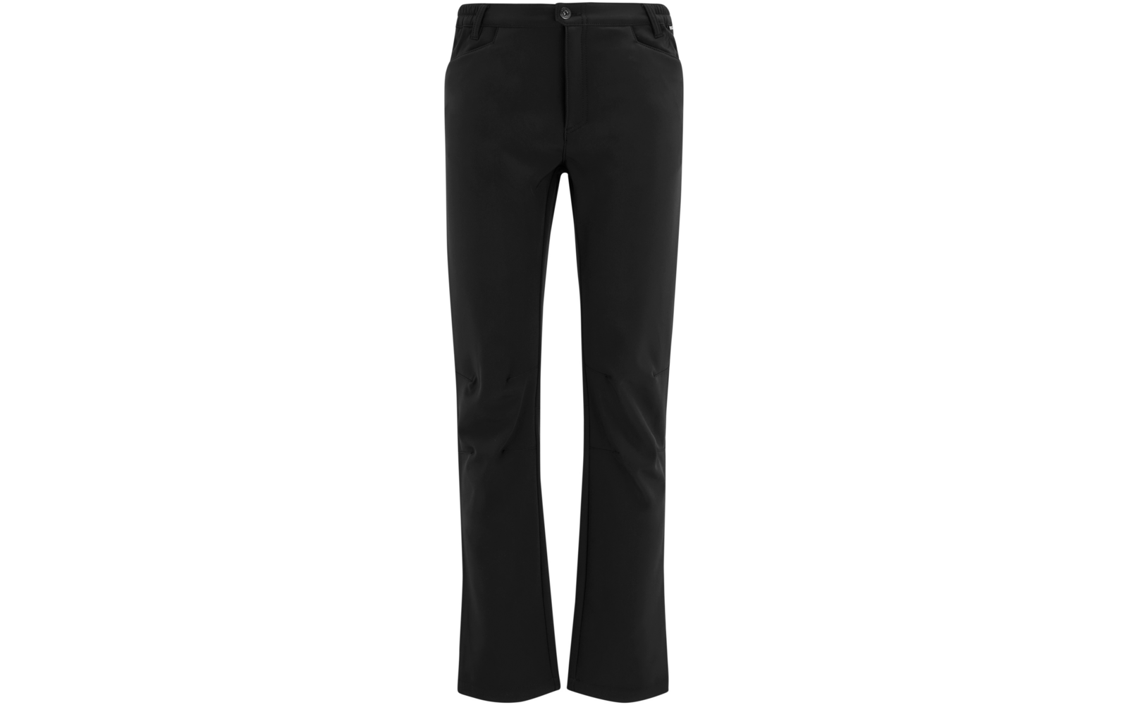 Zwarte broek, vooraanzicht, knoop en rits, riemlussen, schuine voorzakken, kniennaad, licht uitlopende pijpen