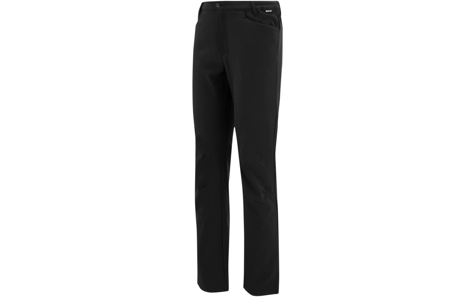 Zwarte lange broek, rechte pasvorm, tailleband met knoop, riemlussen, voorzakken, rechter voorzak met rits