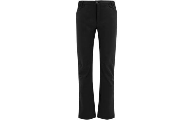 Zwarte broek, vooraanzicht, knoop en rits, riemlussen, schuine voorzakken, kniennaad, licht uitlopende pijpen
