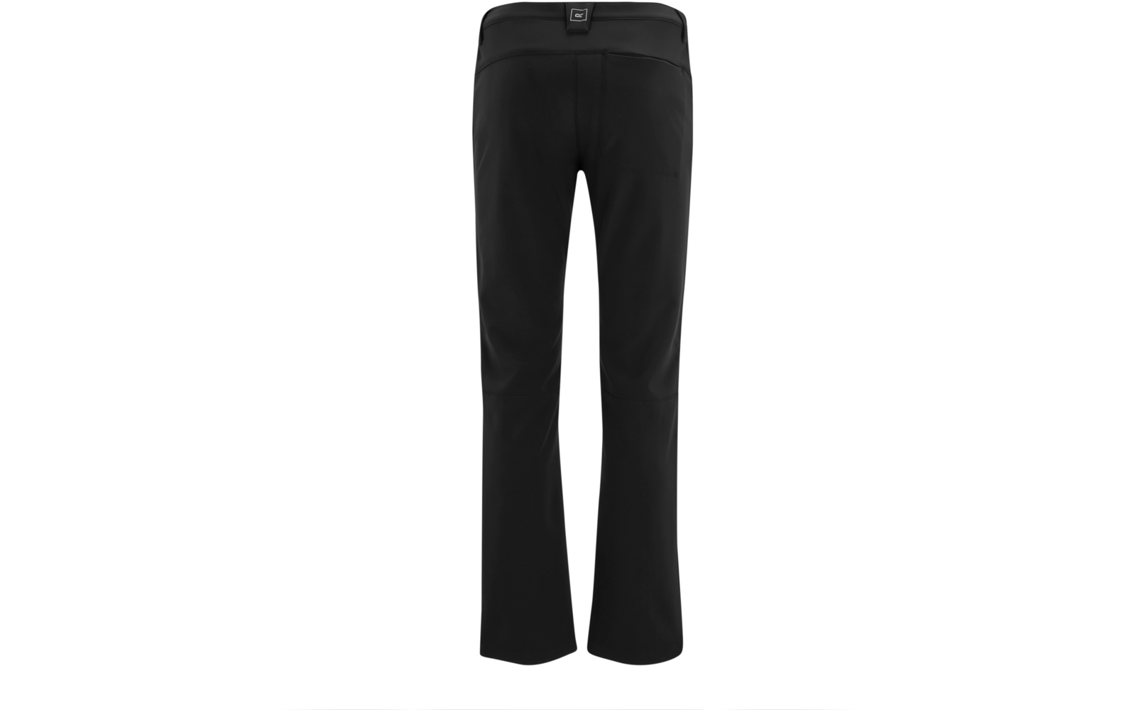 Zwarte broek, achteraanzicht op witte achtergrond, rechte pijpen, twee achterzakken, tailleband met klein vierkant etiket in het midden