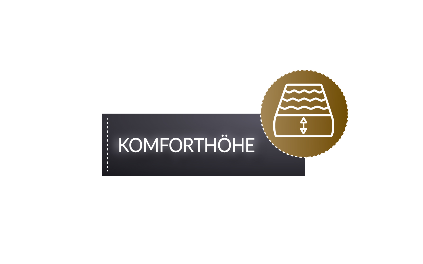 Black sign with the word Komforthöhe and a round symbol showing a roof window with an arrow pointing up and down