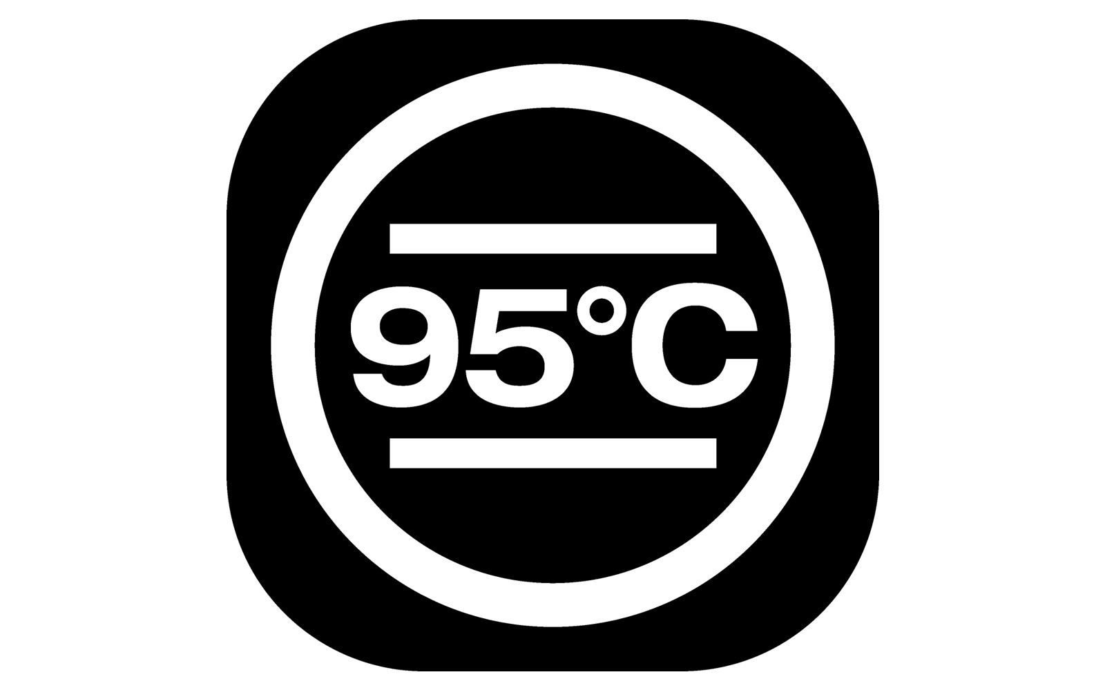 White symbol on black, showing 95 degrees Celsius inside a circle
