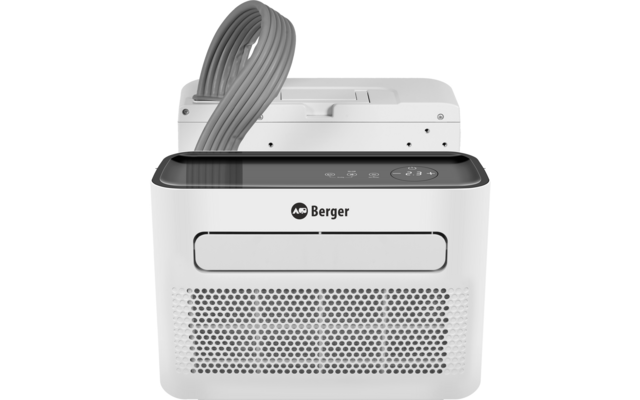 Weißes rechteckiges Gerät mit abgerundeten Ecken, Front-Lüftungsgitter, Bedienfeld oben, aufgerollter grauer Schlauch hinten, Schriftzug 'Berger' vorne
