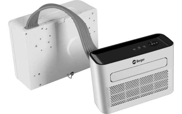 Zwei rechteckige elektronische Geräte in Silber und Weiß, verbunden durch ein flaches graues Kabel; vorderes Gerät mit gelochter Front, Bedienfeld oben und Schriftzug Berger