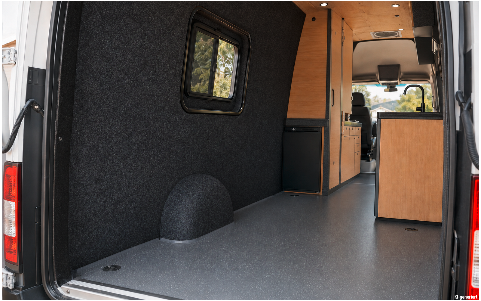 Open rear of a van with dark gray interior lining, small side window showing trees, wheel well, light gray floor, and wooden cabinets toward the front with driver's seat visible