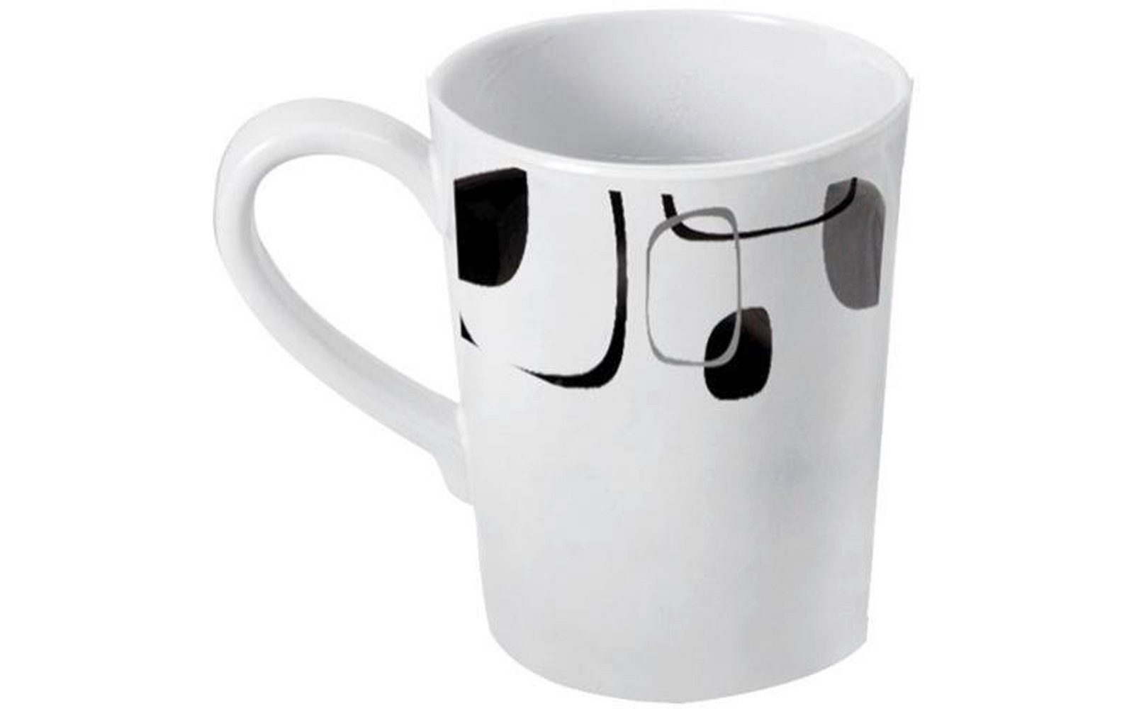 Weiße Tasse mit Henkel links; schwarze und graue Flächen und Linien auf der Außenseite; Innenraum sichtbar