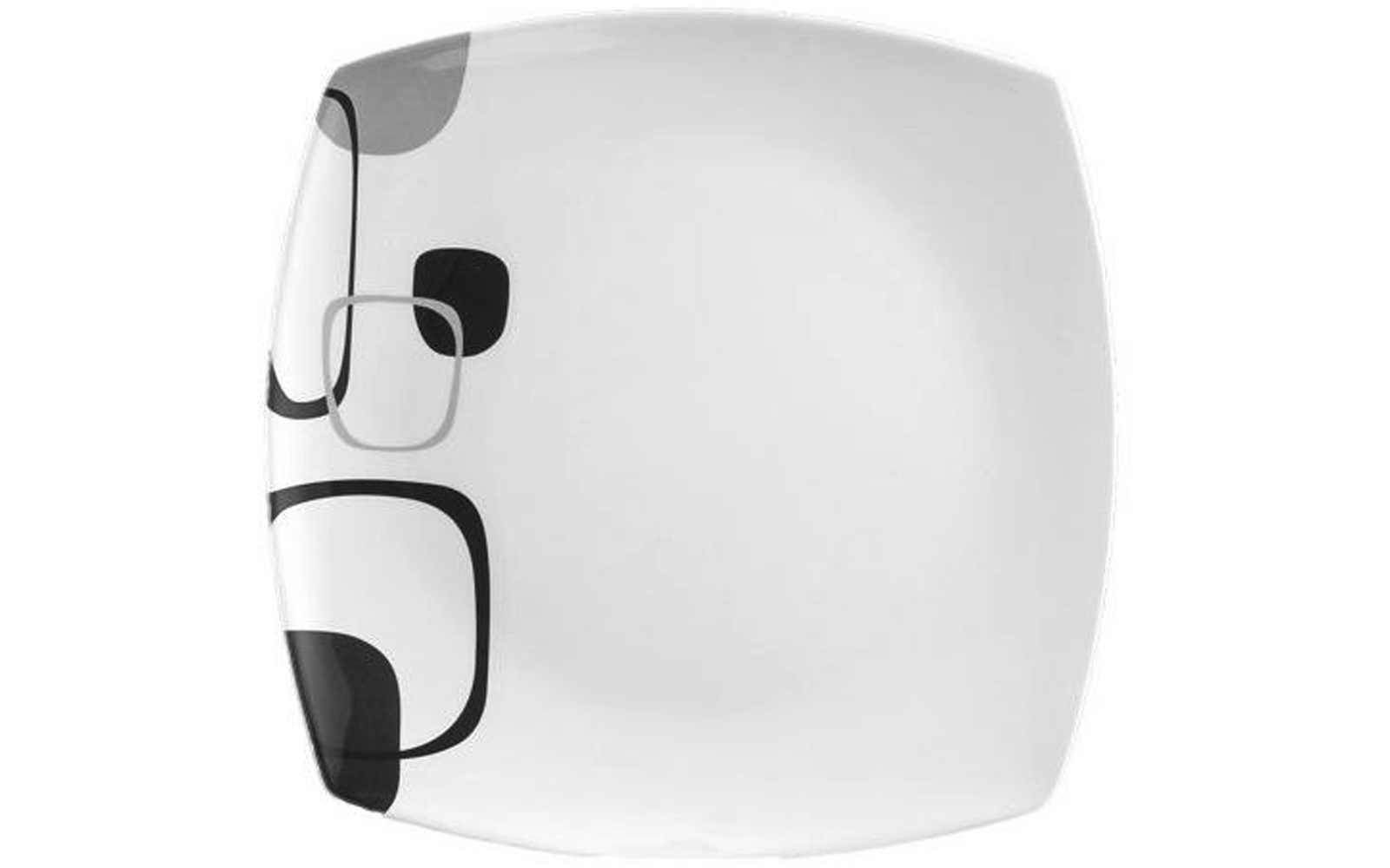 Quadratischer weißer Teller mit abgerundeten Ecken und schwarzen sowie grauen, abgerundeten quadratischen Mustern am linken Rand