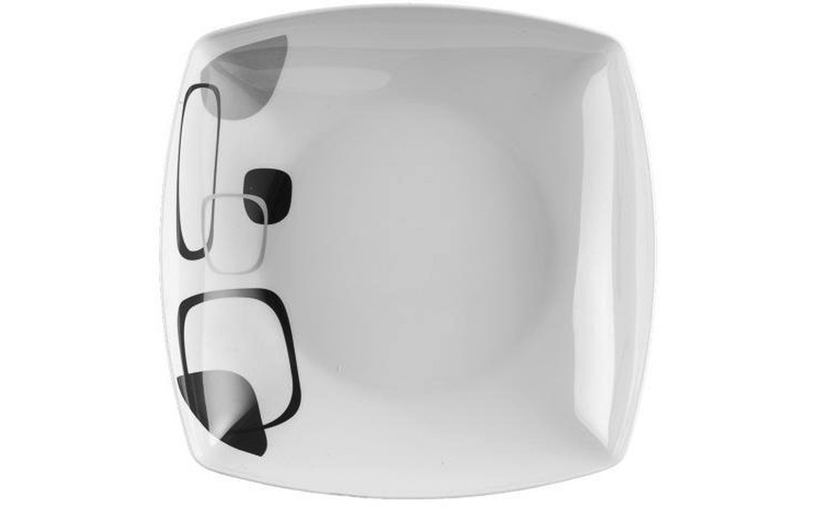 Weißer quadratischer Teller mit abgerundeten Ecken und drei schwarzen, abgerundeten quadratischen Formen an der linken Kante