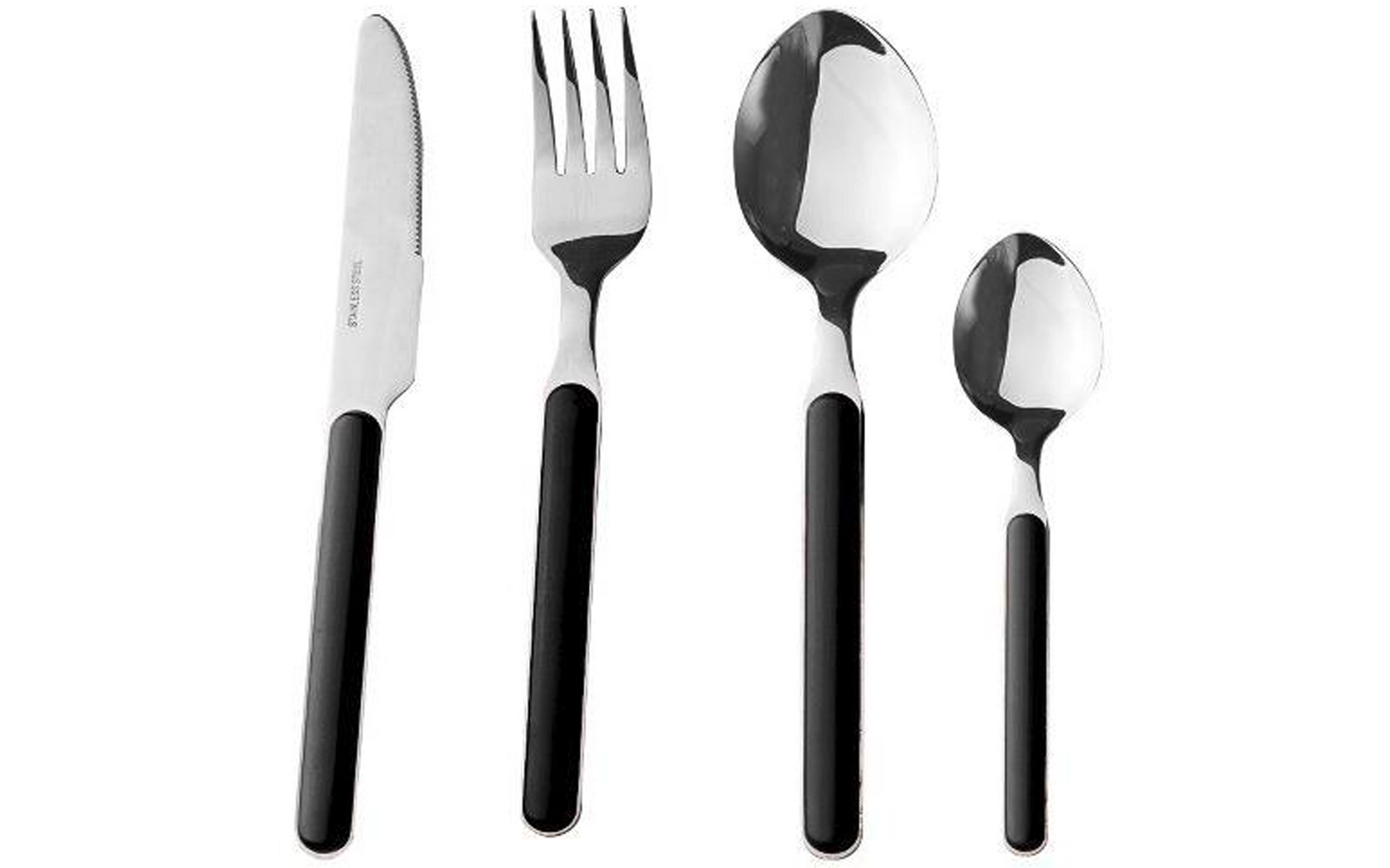 Vier Besteckteile (Messer, Gabel, Esslöffel, Teelöffel) mit schwarzen Griffen auf weißem Hintergrund