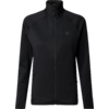 Schwarze Jacke mit durchgehendem Reißverschluss, Stehkragen, langen Ärmeln, zwei seitlichen Reißverschlusstaschen und kleinem Logo auf der linken Brust, Vorderansicht auf weißem Hintergrund