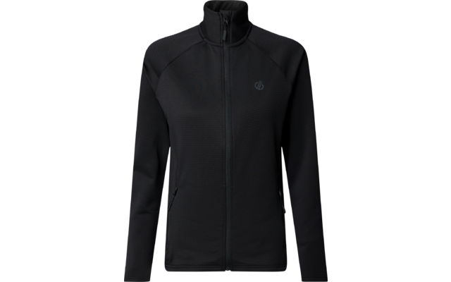 Schwarze Jacke mit durchgehendem Reißverschluss, Stehkragen, langen Ärmeln, zwei seitlichen Reißverschlusstaschen und kleinem Logo auf der linken Brust, Vorderansicht auf weißem Hintergrund
