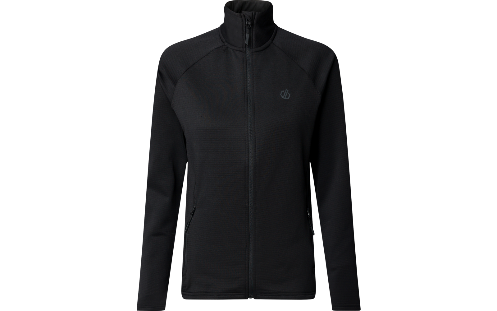 Schwarze Jacke mit durchgehendem Reißverschluss, Stehkragen, langen Ärmeln, zwei seitlichen Reißverschlusstaschen und kleinem Logo auf der linken Brust, Vorderansicht auf weißem Hintergrund