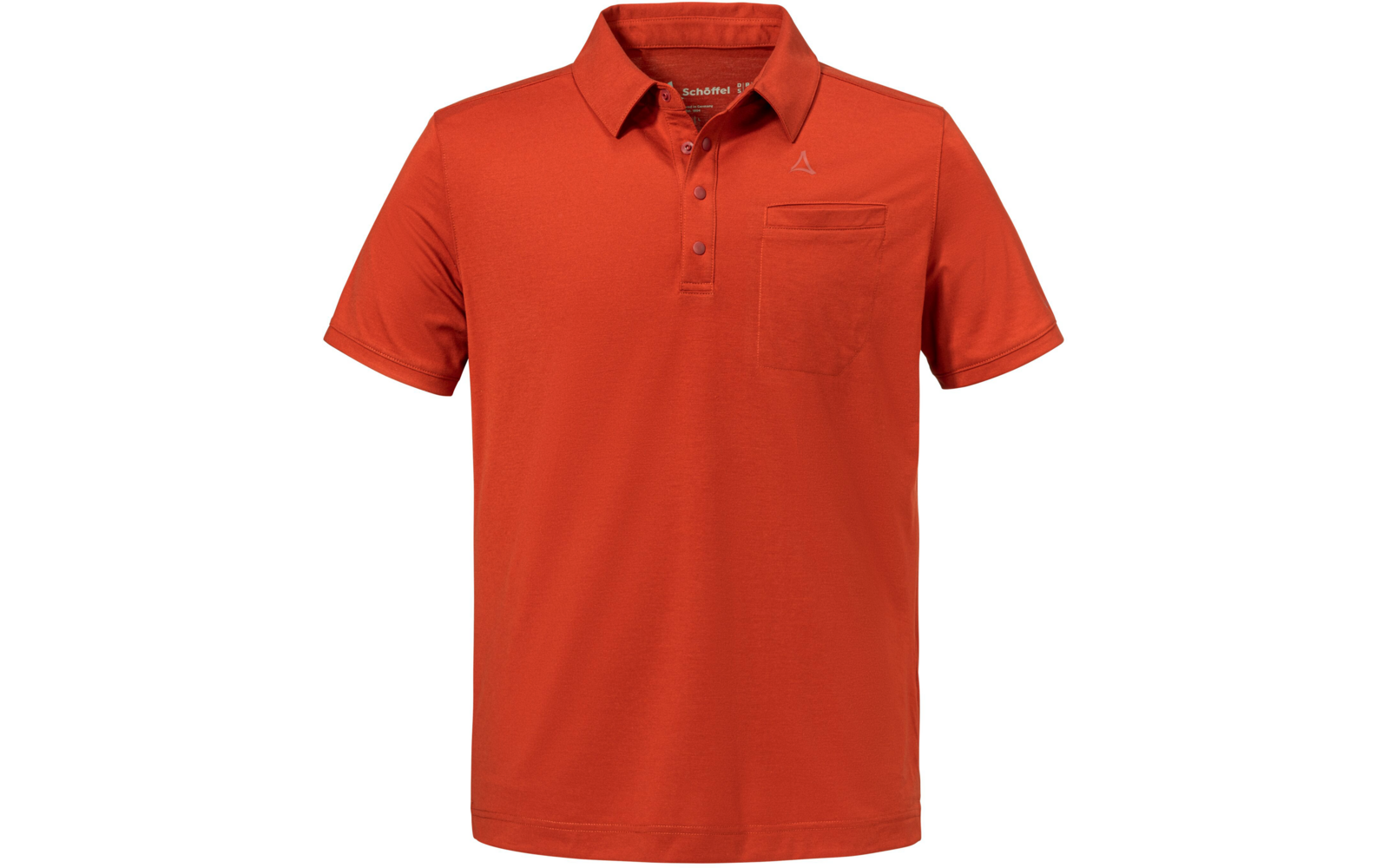 Orange-rotes Poloshirt, kurze Ärmel, Kragen mit Drei-Knopf-Leiste, Brusttasche rechts im Bild, kleines dreieckiges Logo über der Tasche, Vorderansicht vor weißem Hintergrund
