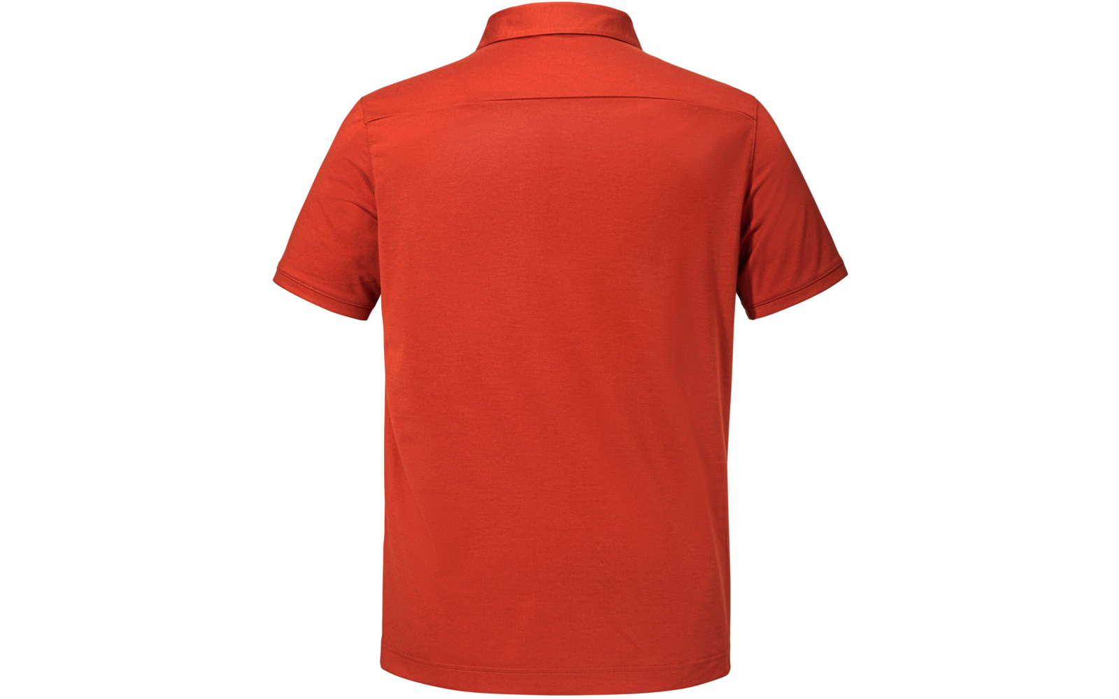 Rückansicht eines orange-roten kurzärmligen Poloshirts vor weißem Hintergrund