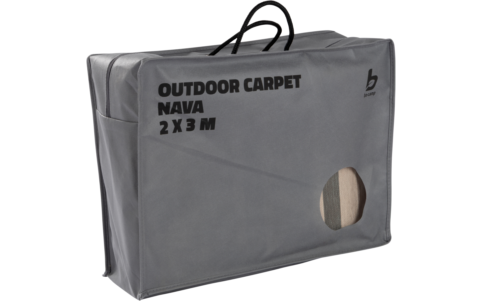 Grau rechteckige Tasche mit Griffen, Aufdruck 'OUTDOOR CARPET NAVA 2 X 3 M' und rundes Sichtfenster mit aufgerolltem gestreiftem Teppich