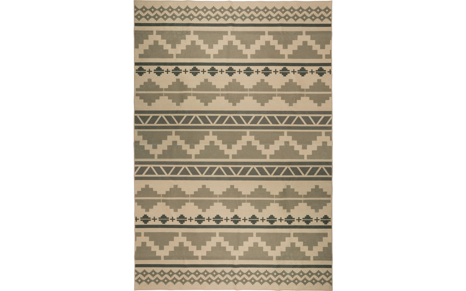 Beige vloerkleed met horizontale donkergroene geometrische patronen van trapachtige zigzags, driehoeken en kleine kruis- en ruitmotieven