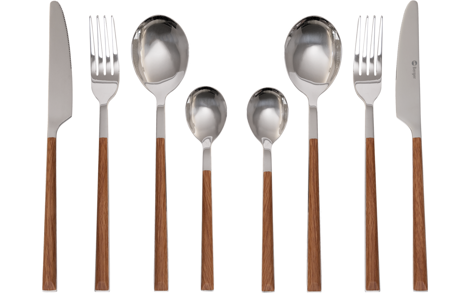 Set aus Messer, Gabel und Löffel mit Holzgriff, insgesamt sieben Besteckteile auf weißem Hintergrund