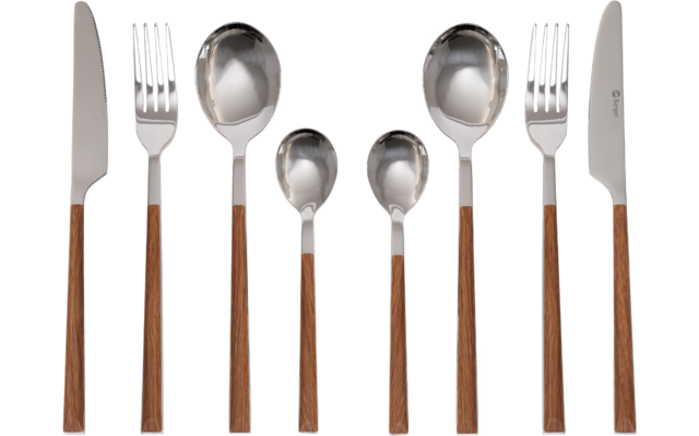 Set aus Messer, Gabel und Löffel mit Holzgriff, insgesamt sieben Besteckteile auf weißem Hintergrund