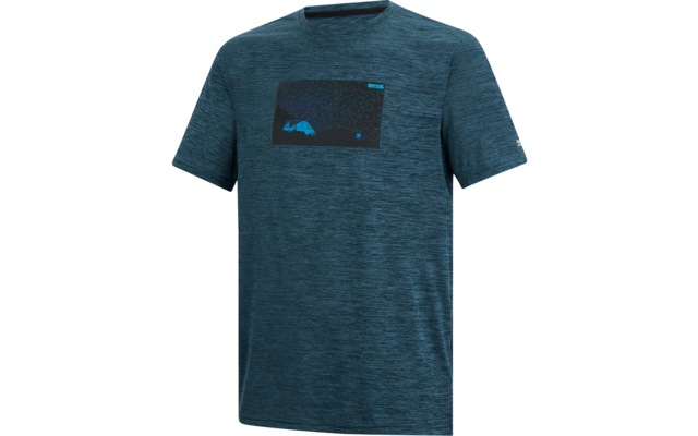 Blau-grünes meliertes T-Shirt mit Rundhals und kurzen Ärmeln, dunkles rechteckiges Brustmotiv mit weißen Punkten und einer hellblauen, spitz zulaufenden Form links unten