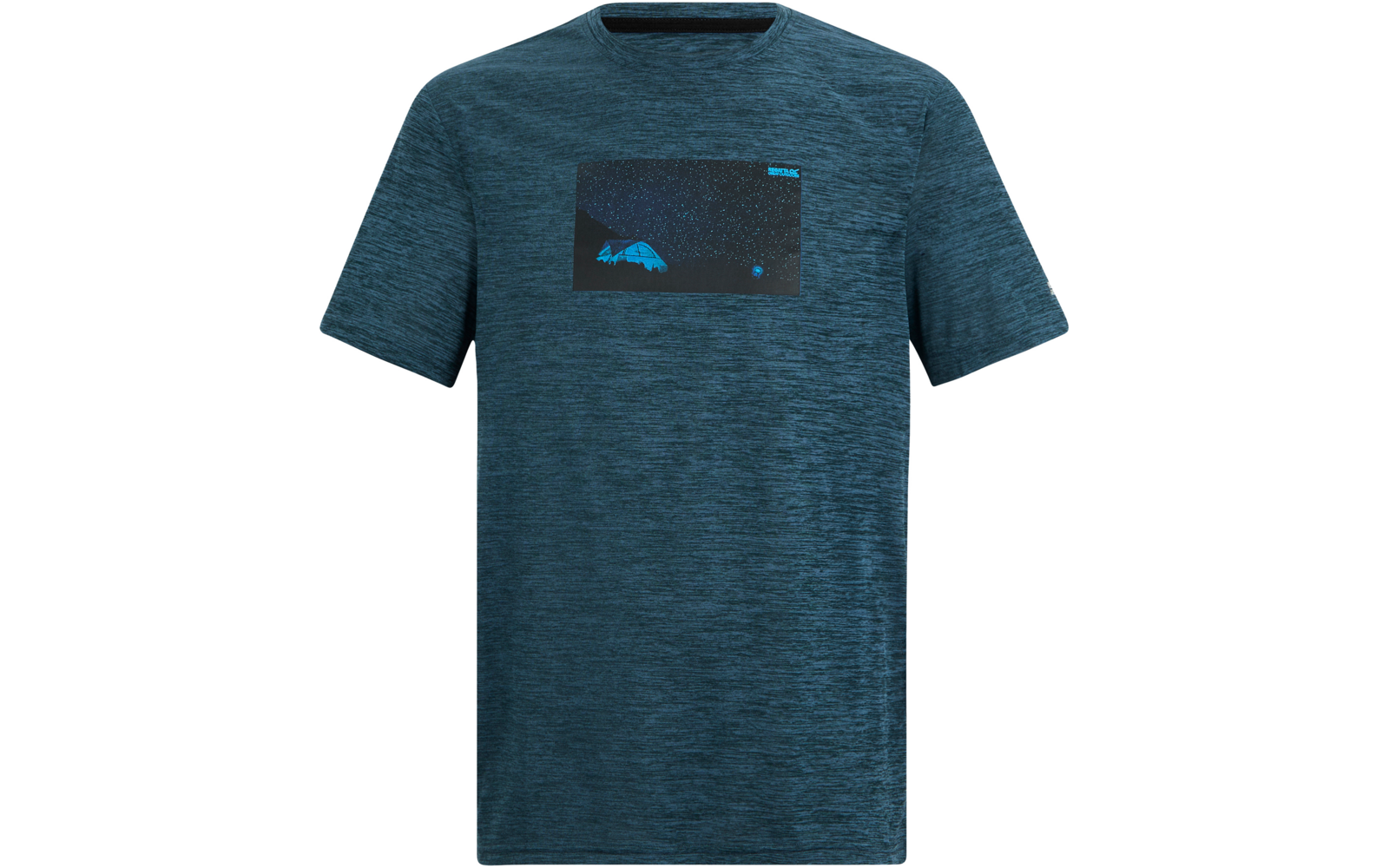 Blaugrünes meliertes Kurzarm-T-Shirt mit rechteckigem Brustaufdruck: Sternenhimmel, heller Punkt und helle Form