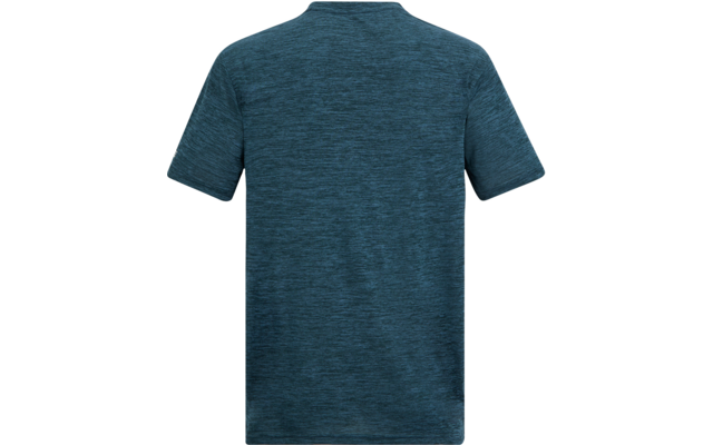 Rückansicht eines kurzärmligen, melierten dunkelblauen T-Shirts vor weißem Hintergrund