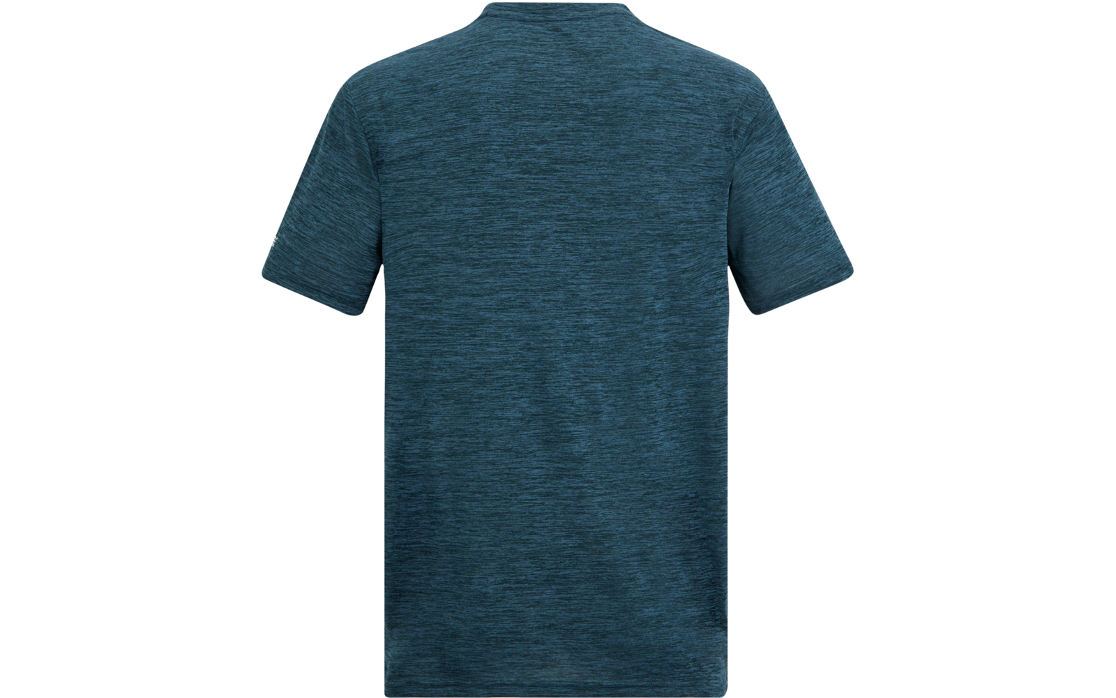 Rückansicht eines kurzärmligen, melierten dunkelblauen T-Shirts vor weißem Hintergrund