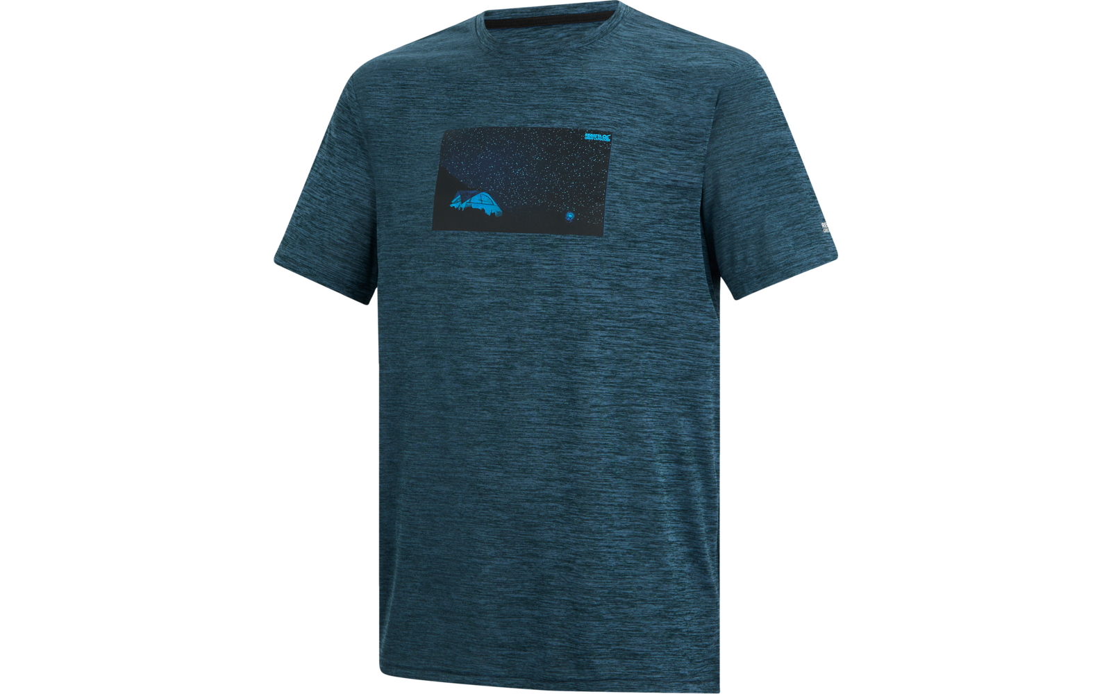 Blau-grünes meliertes T-Shirt mit Rundhals und kurzen Ärmeln, dunkles rechteckiges Brustmotiv mit weißen Punkten und einer hellblauen, spitz zulaufenden Form links unten