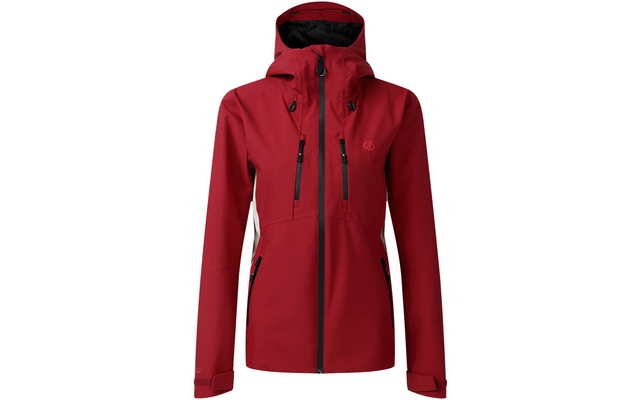 Veste à capuche rouge, vue de face, fermeture éclair centrale noire, intérieur de la capuche noir, deux fermetures éclair verticales sur la poitrine, deux fermetures éclair latérales, poignets à velcro, petit logo sur la poitrine gauche, panneaux latéraux plus clairs