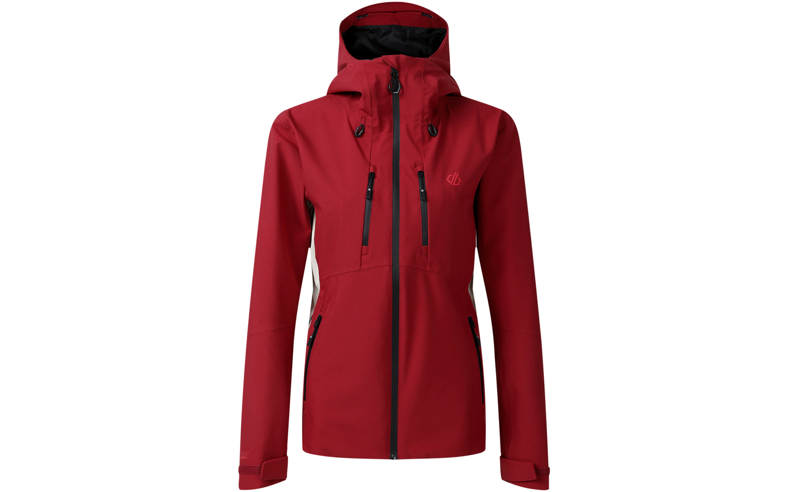 Veste à capuche rouge, vue de face, fermeture éclair centrale noire, intérieur de la capuche noir, deux fermetures éclair verticales sur la poitrine, deux fermetures éclair latérales, poignets à velcro, petit logo sur la poitrine gauche, panneaux latéraux plus clairs