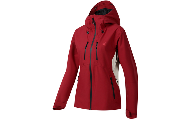 Veste à capuche rouge avec fermeture éclair centrale noire, deux fermetures éclair verticales sur la poitrine, deux poches latérales zippées, panneaux latéraux gris clair, petit logo poitrine, capuche réglable avec cordons, doublure intérieure noire, fermetures Velcro aux manches, sur fond blanc