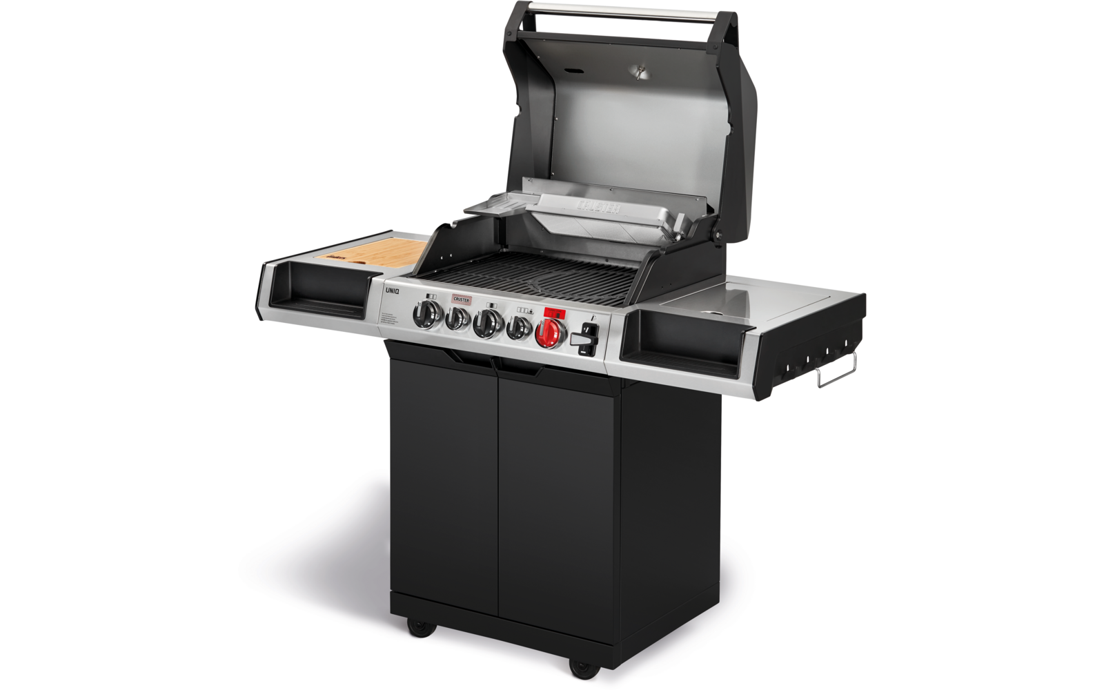 Grill à gaz fermé avec quatre brûleurs et placard noir