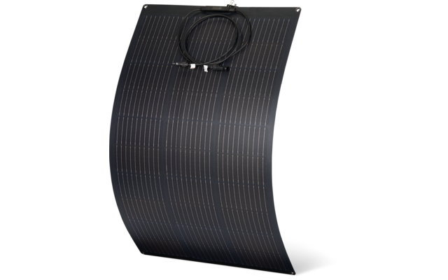 Curved flexible black panel with thin parallel lines, coiled black cable with connectors on top, white background