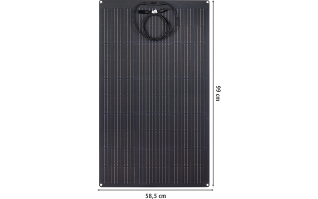 Black rectangular panel with a regular grid of cells, four corner mounting holes and a coiled cable with connector at the top; dimensions 58.5 cm × 99 cm