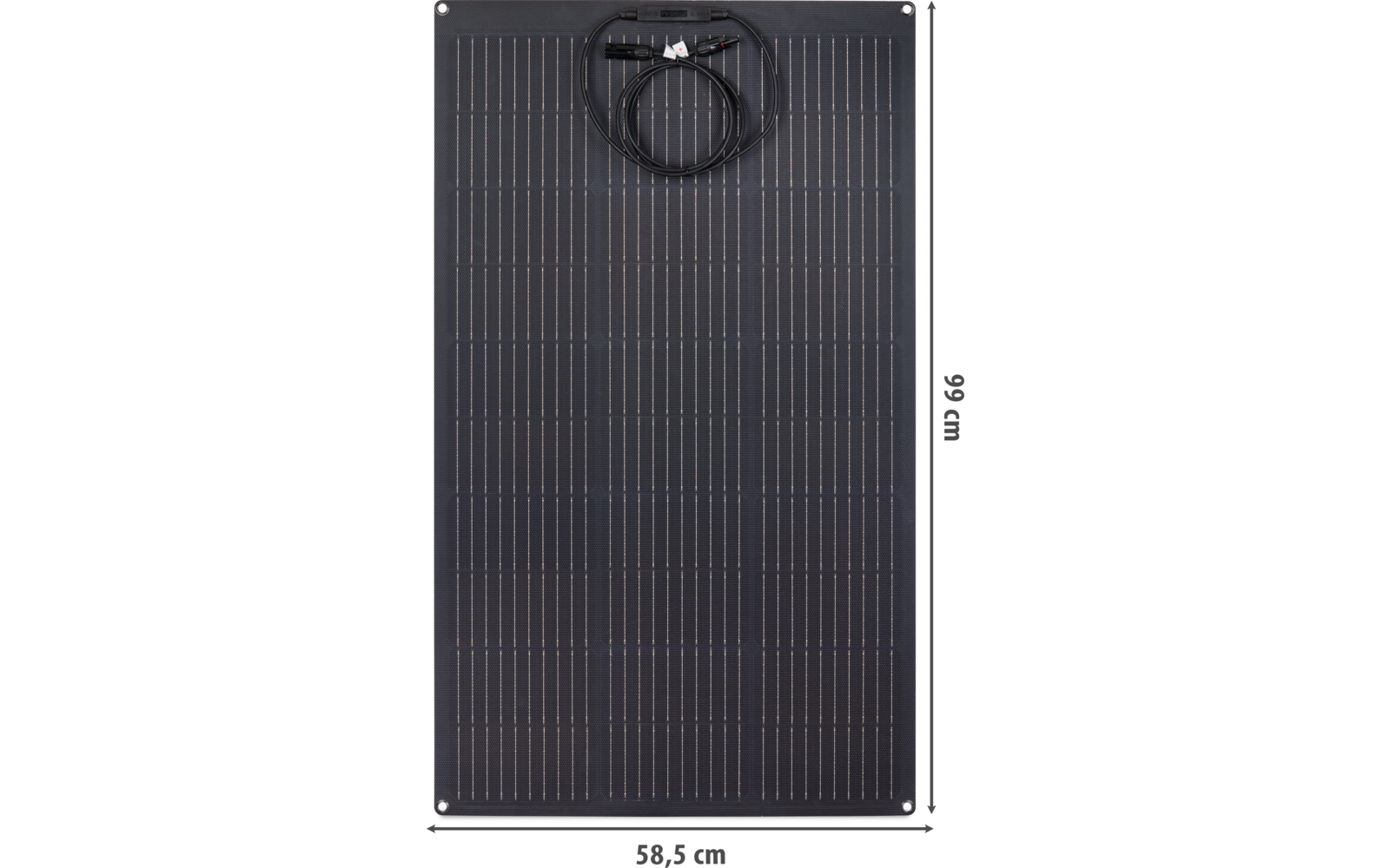 Black rectangular panel with a regular grid of cells, four corner mounting holes and a coiled cable with connector at the top; dimensions 58.5 cm × 99 cm