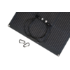 Black rectangular solar panel with coiled cable and two black carabiner clips on a white background