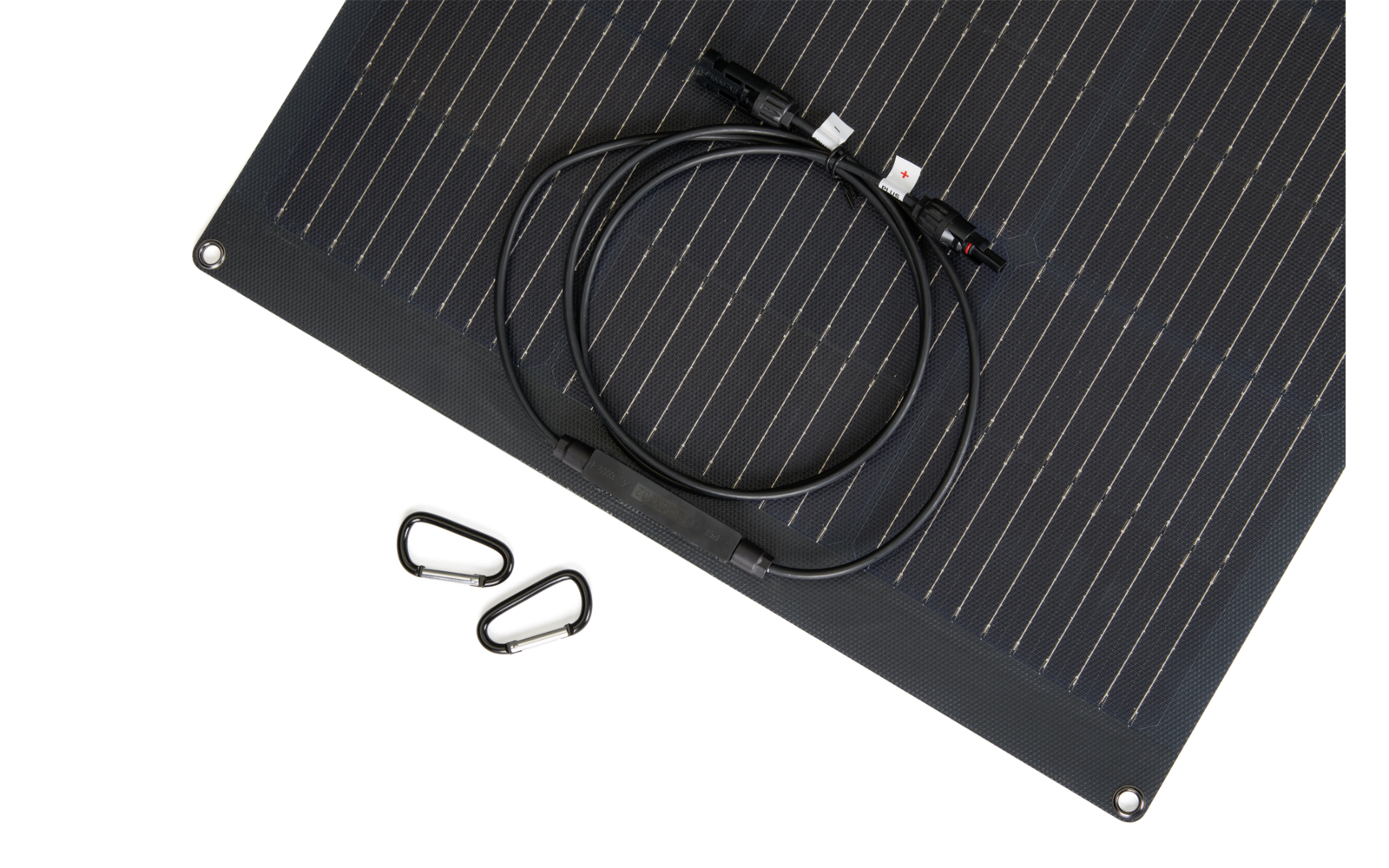 Black rectangular solar panel with coiled cable and two black carabiner clips on a white background