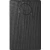 Rectangular dark panel with fine vertical lines; a coiled cable with two connectors at the top; screws in the corners