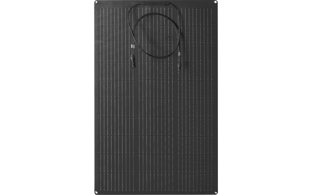 Rectangular dark panel with fine vertical lines; a coiled cable with two connectors at the top; screws in the corners
