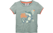 Hellgrünes kurzärmeliges T-Shirt mit orangefarbener Saumkante, aufgedrucktem, gewundenem Krokodil und dem orangenen Schriftzug "HERE COMES TROUBLE"