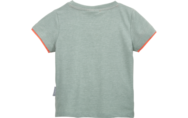 Rückansicht eines hellgrünen kurzärmligen T-Shirts mit orangefarbener Saumkante