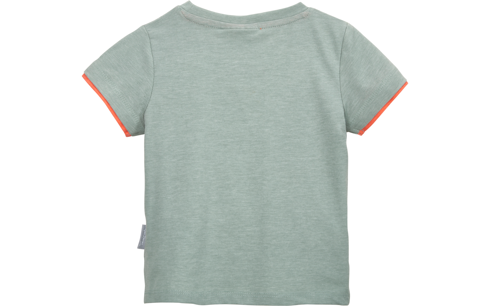 Rückansicht eines hellgrünen kurzärmligen T-Shirts mit orangefarbener Saumkante