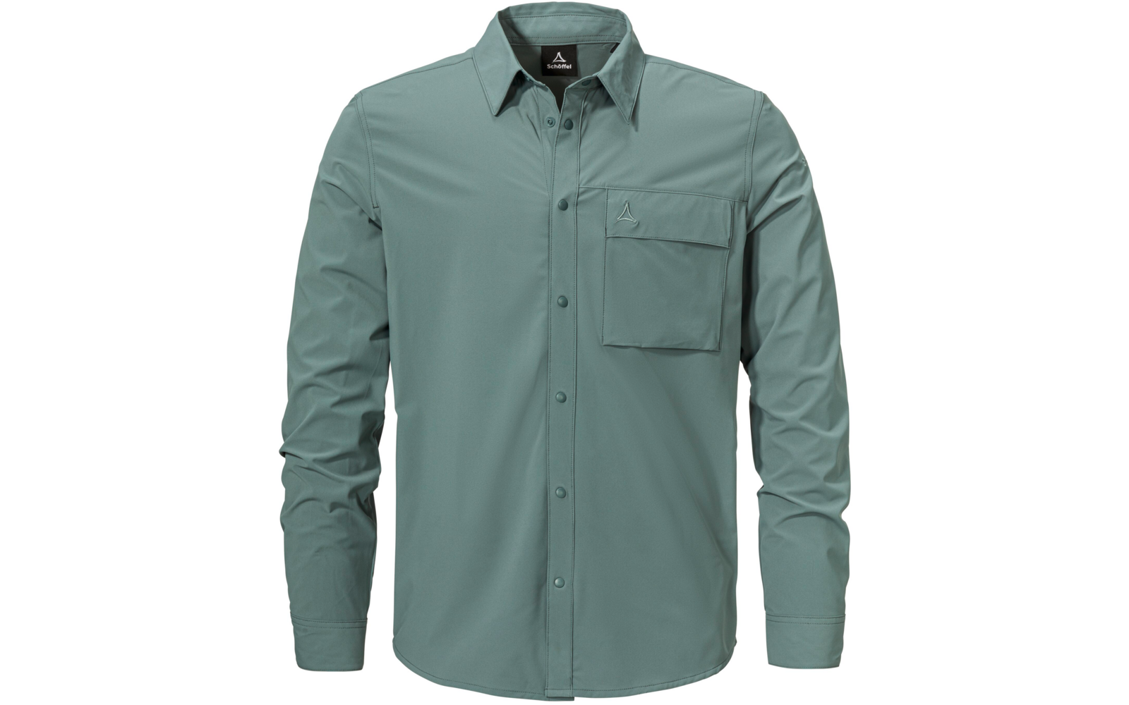 Grün-graues, langärmeliges Hemd mit Knopfleiste, Kragen, linker Brusttasche mit Klappe und kleinem Logo über der Tasche